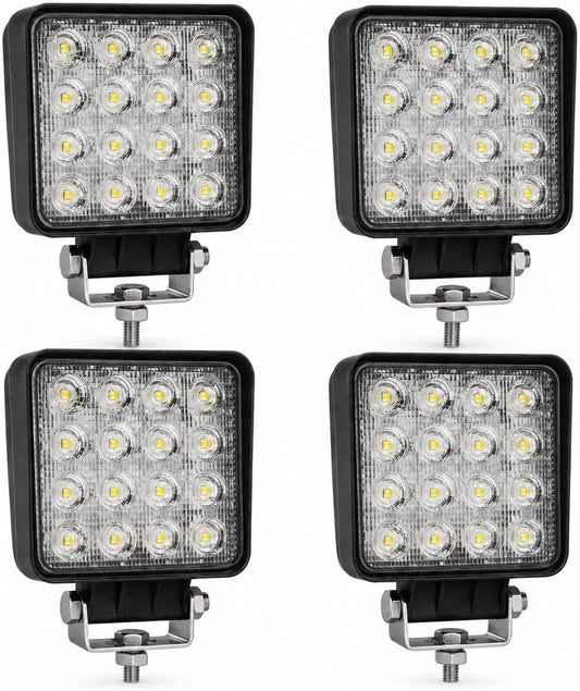 4x Work Light LED 12V Tractor - 48W Square Work Light 3300 Lumen Flood Spot Combi - 12V 24V for Excavator Forklift Combine Harvester Truck, 6000K, IP67, ECE R10