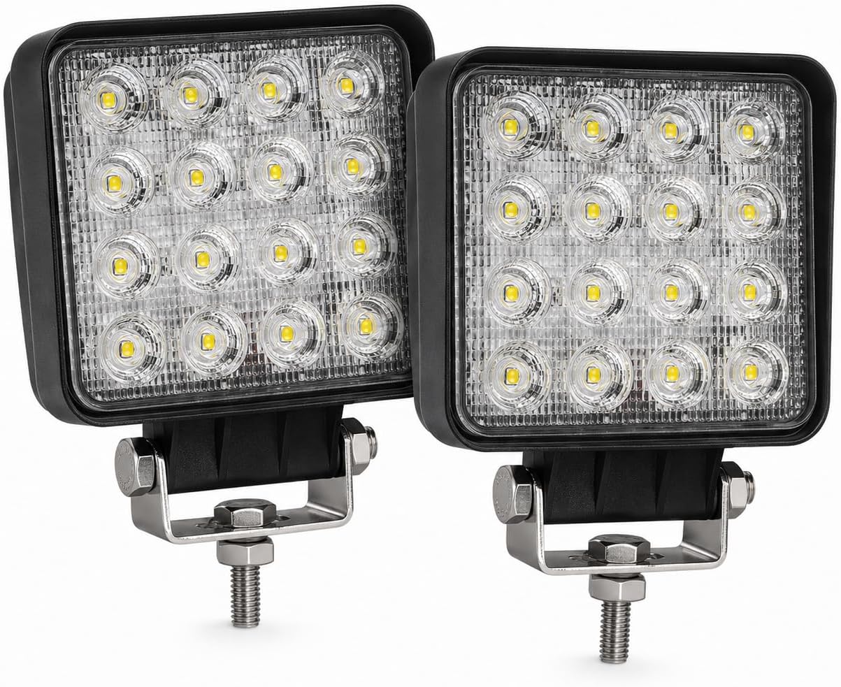 2x Work Light LED 12V Tractor - 48W Square Work Light 3300 Lumen Flood Spot Combi - 12V 24V for Excavator Forklift Combine Harvester Truck, 6000K, IP67, ECE R10