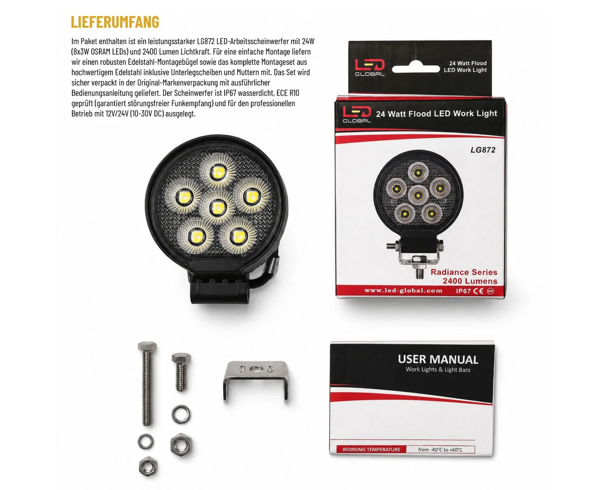 24-Watt-LED-Arbeitsscheinwerfer mit Flutlicht, rund – LG872